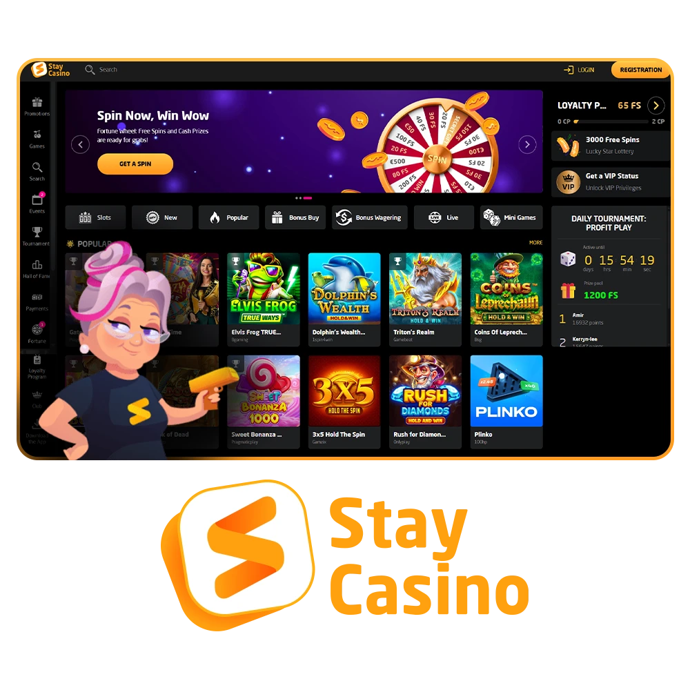 StayCasino Ireland homepage with slots, live casino, €1000 + 100 Free Spins, payment logos, Curaçao licence.